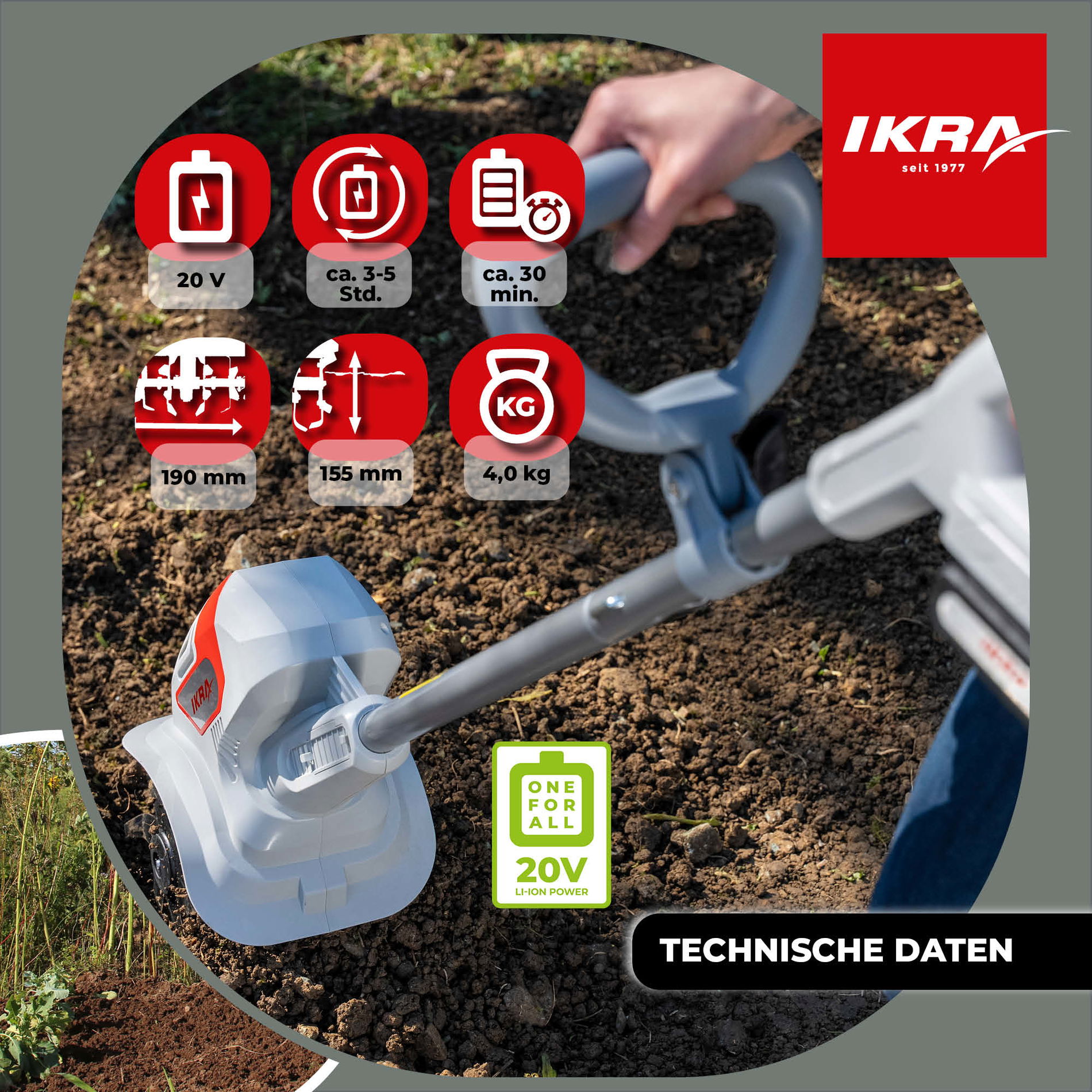 Akku Bodenhacke Kultivator IAMH 20 ikra Akku 20V 2Ah Standardladegerät