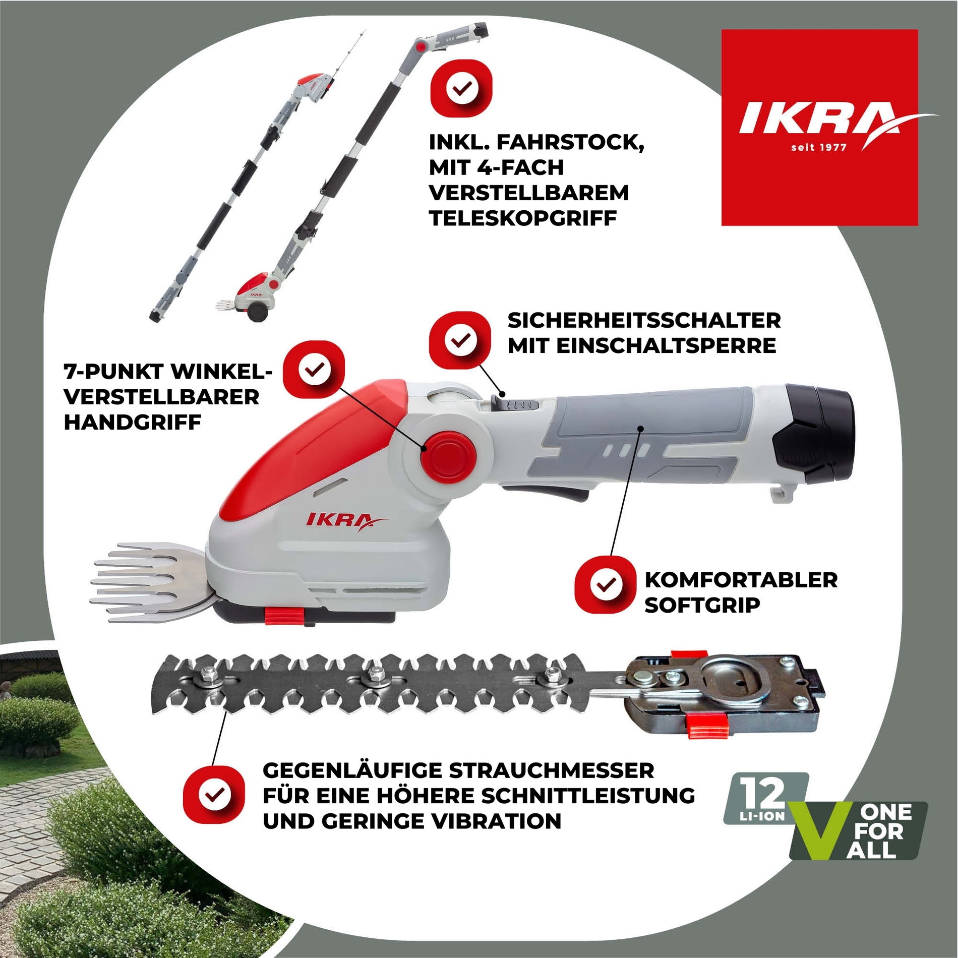 Akku 2in1 Gras & Strauchschere IGBS 1210 F inkl. Fahrstock