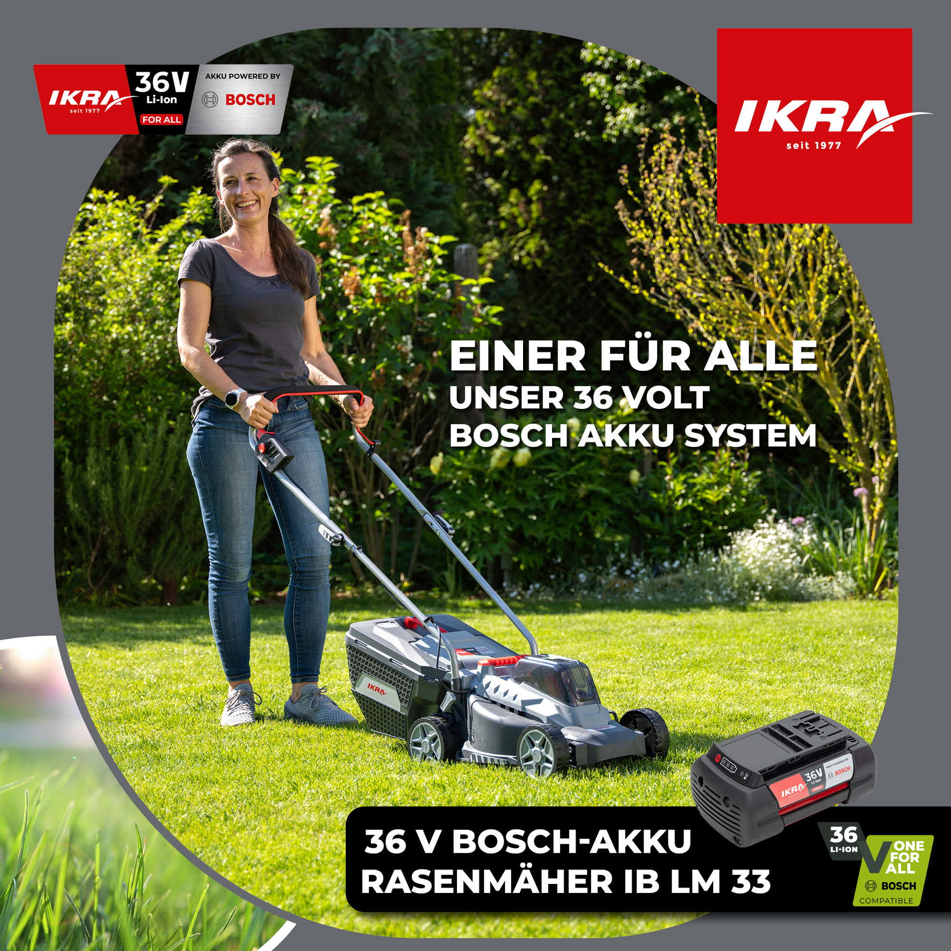Akku Rasenmäher IB-LM 33 ikra Bosch mit 36V 2Ah Akku & Standardlader