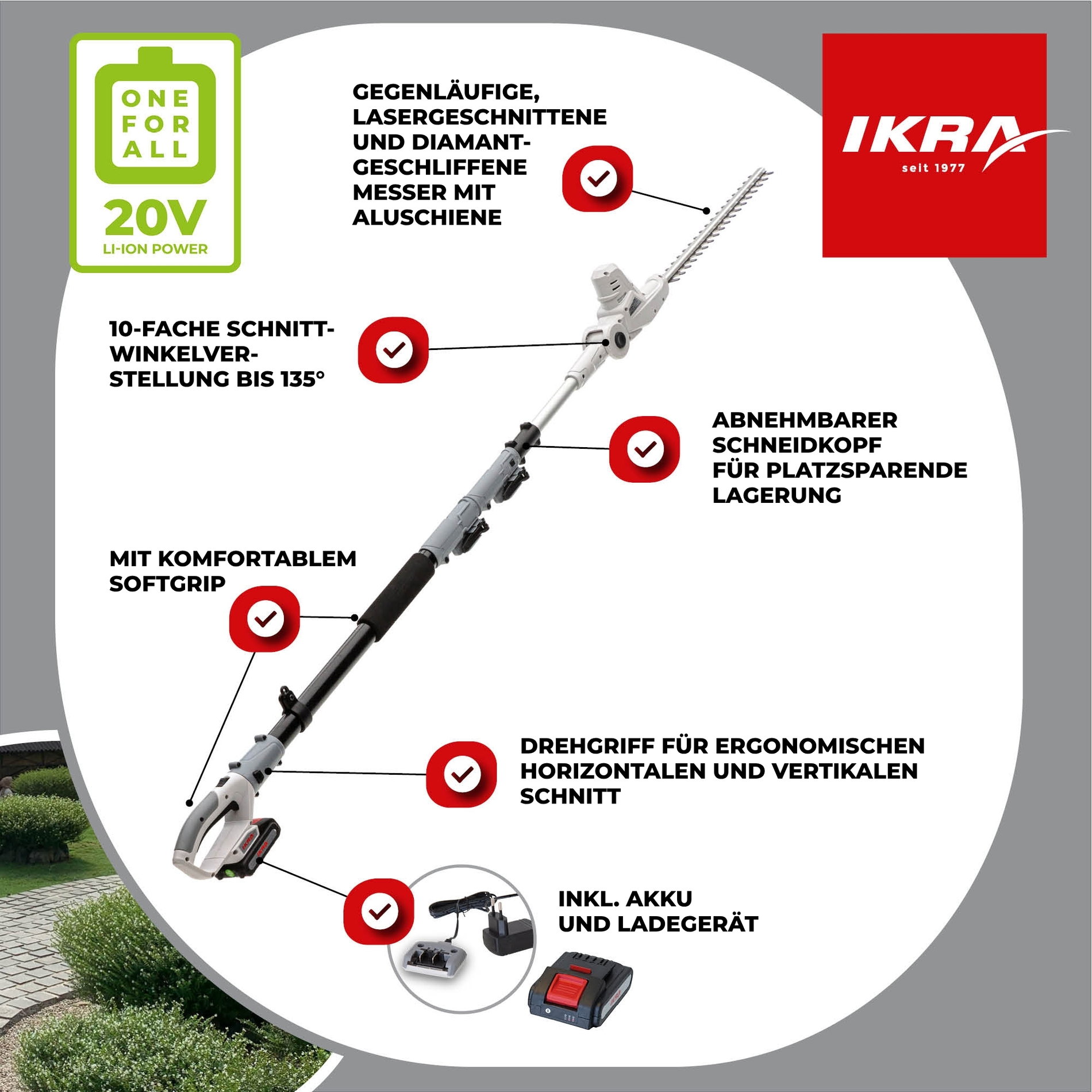 Akku Teleskop Heckenschere ICPH 2040 inkl. Akku & Lader & Schultergurt & Pflegespray