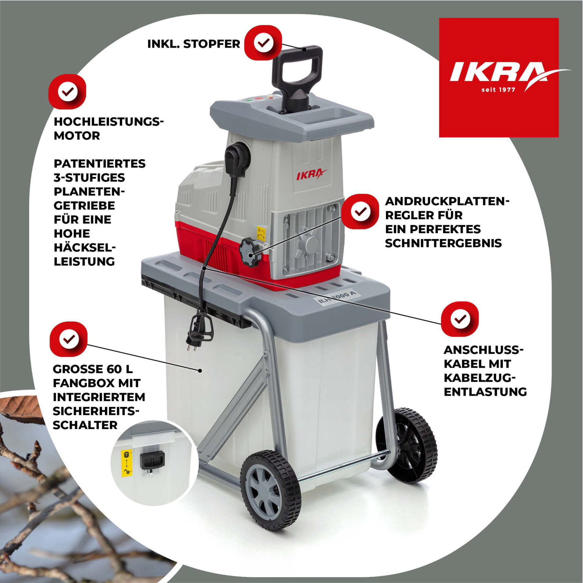 Elektro Leisewalzen Gartenhäcksler ILH 3000 A mit Titanschere & Schutzbrille