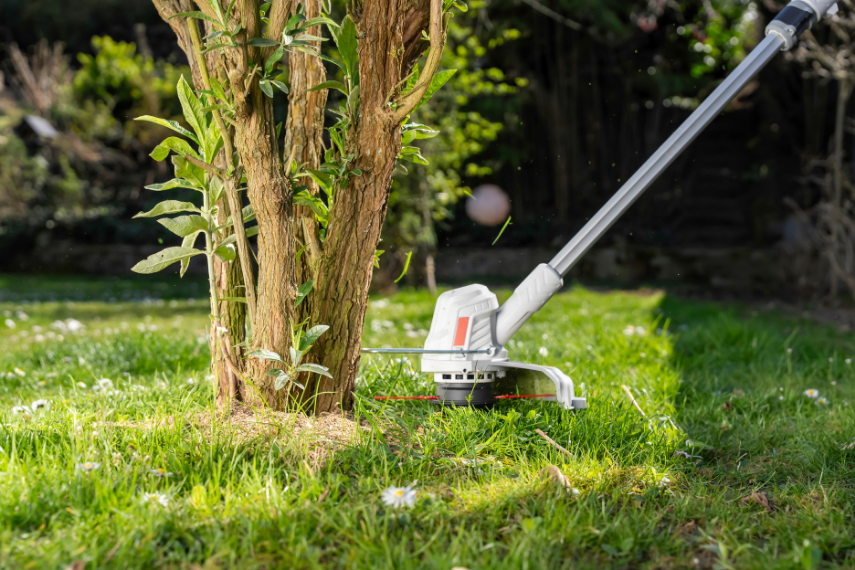 Nahaufnahme des Akku Rasentrimmers IART 2025 im Einsatz mit Pflanzenschutzbügel.