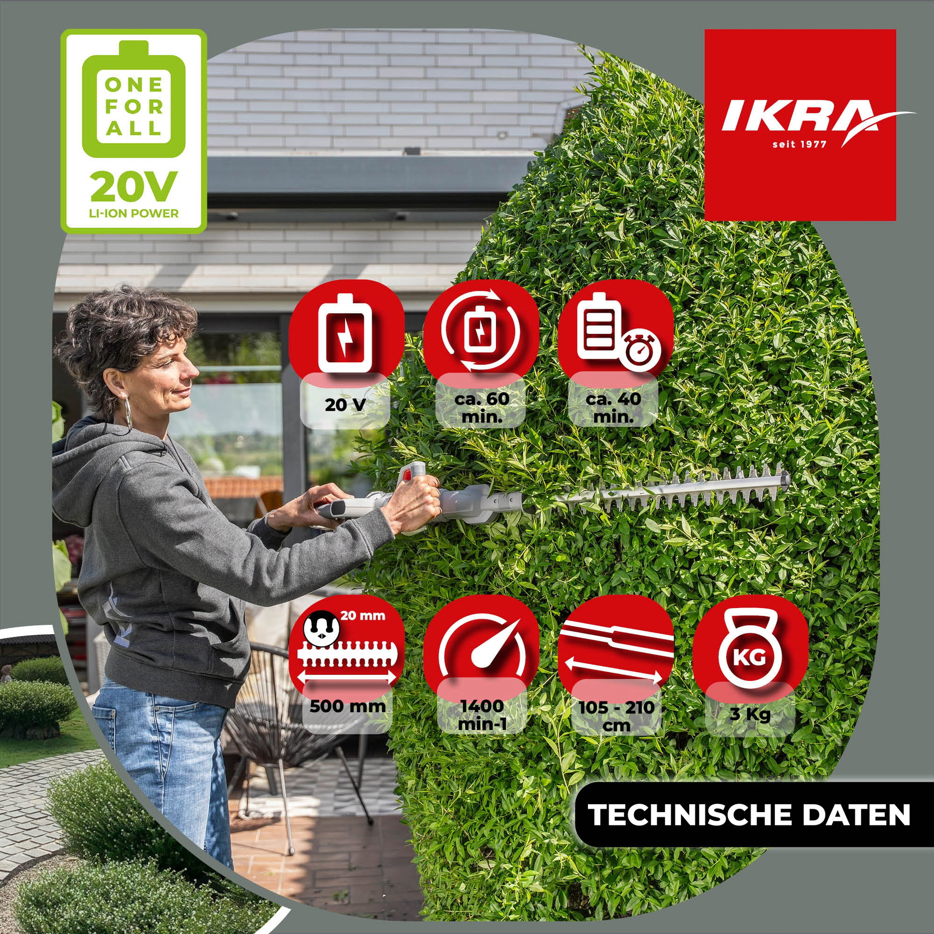 Akku Teleskop Heckenschere ICPH 2050 inkl. 2x Akku & Schnell-Ladegerät & Schultergurt