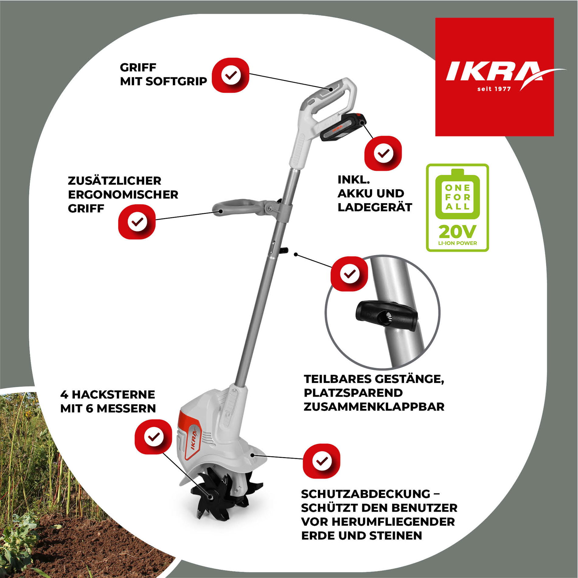 Akku Bodenhacke Kultivator IAMH 20 ikra Akku 20V 2Ah Standardladegerät