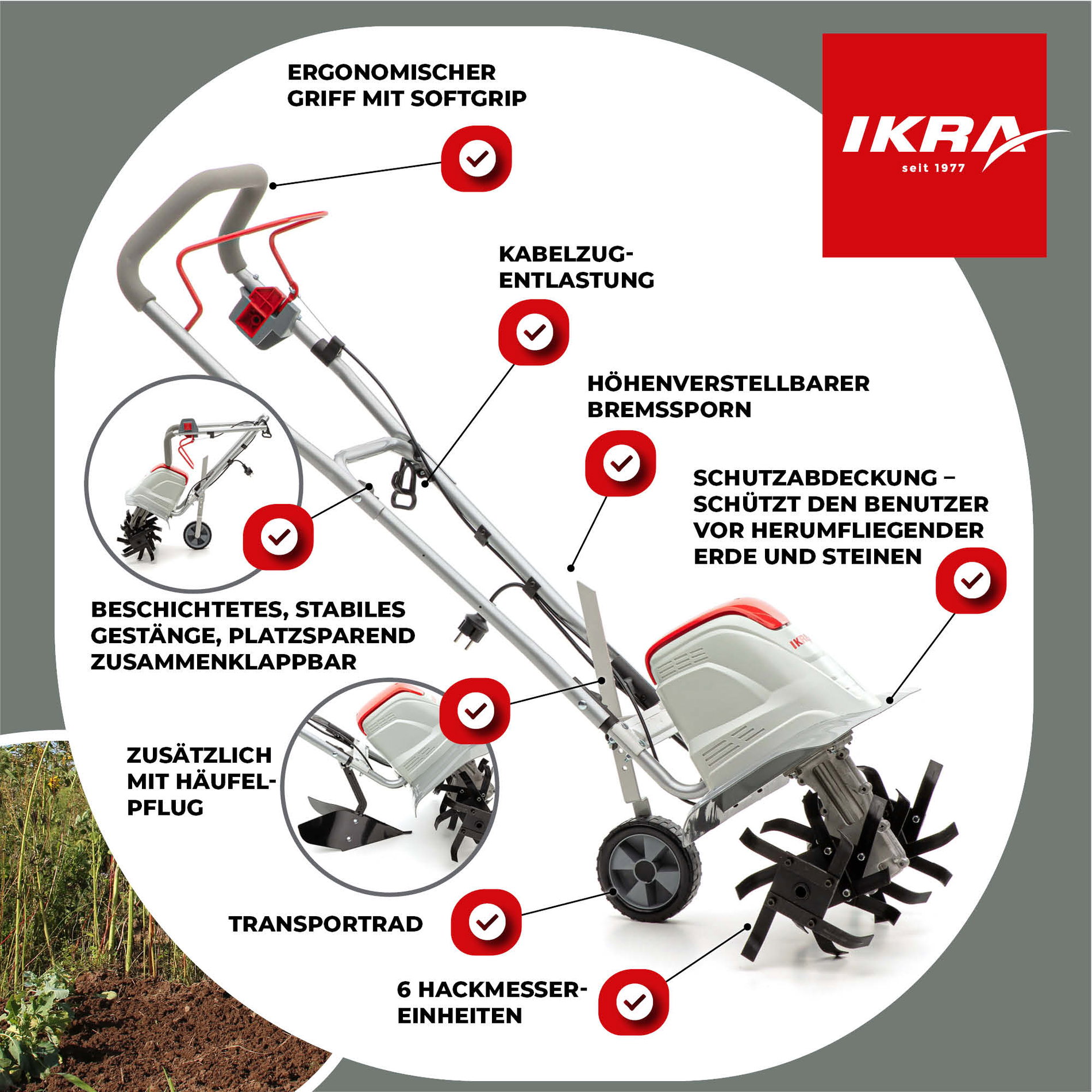 Elektro Bodenhacke Kultivator FEM 1500 mit Häufelpflug