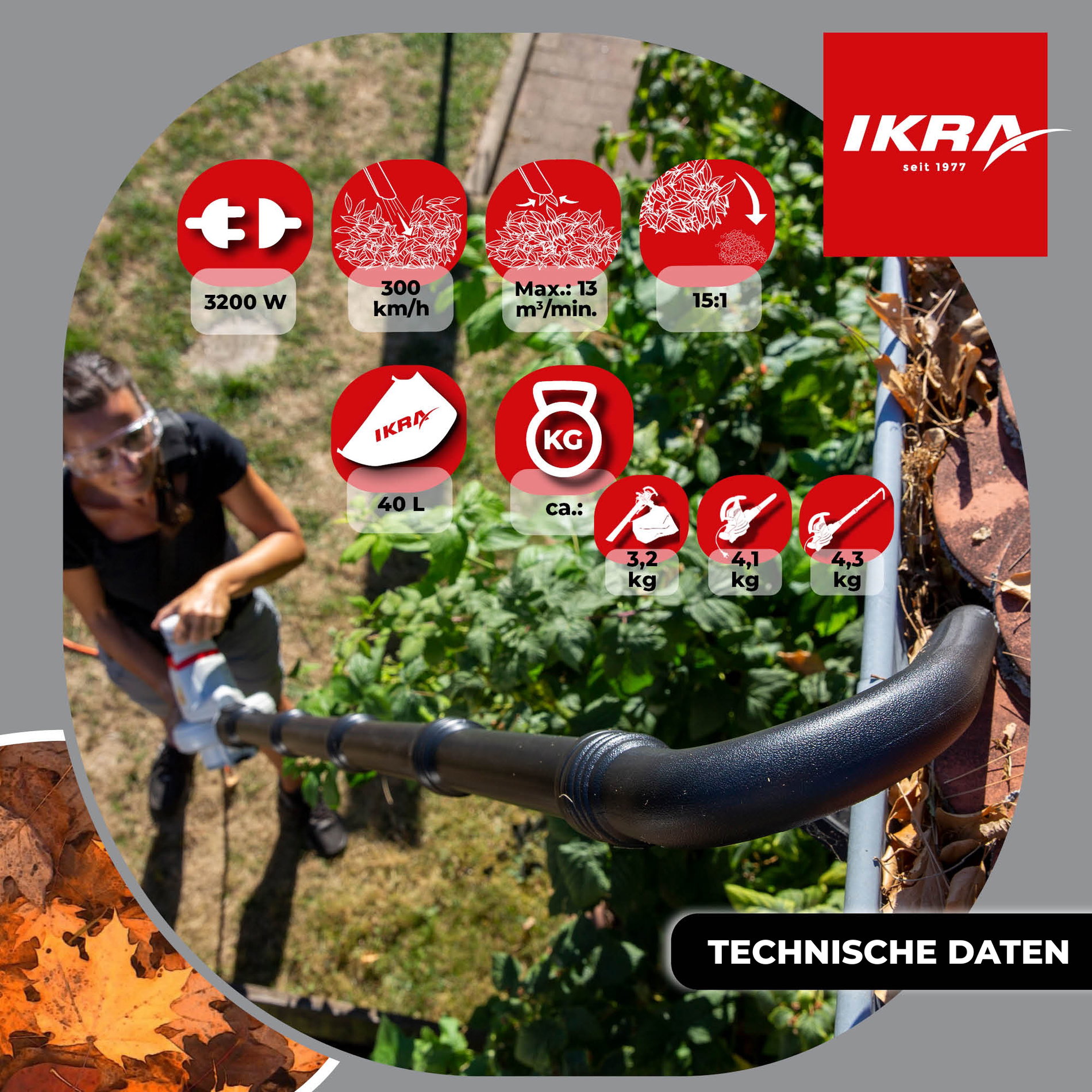 Elektro Laubbläser & Laubsauger & Häcksler IEBV 3200 & Dachrinnenaufsatz &Schultergurt
