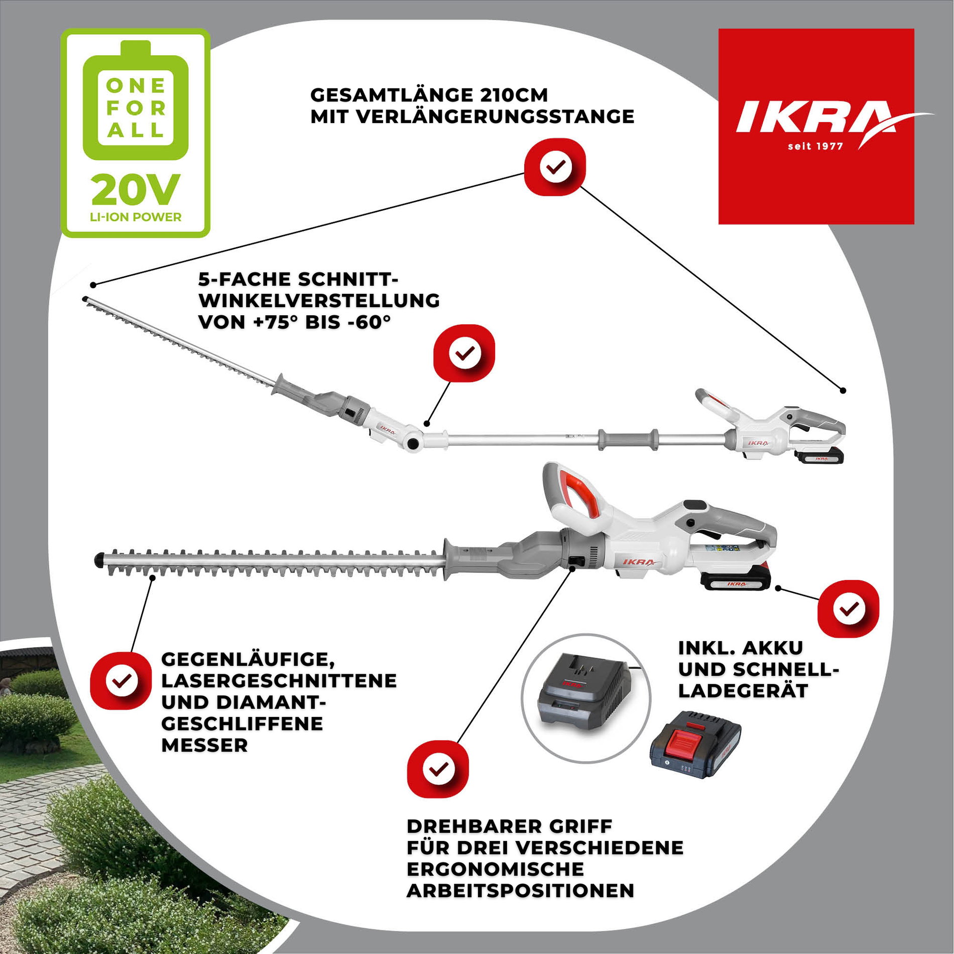 Akku Teleskop Heckenschere ICPH 2050 inkl. 2x Akku & Schnell-Ladegerät & Schultergurt