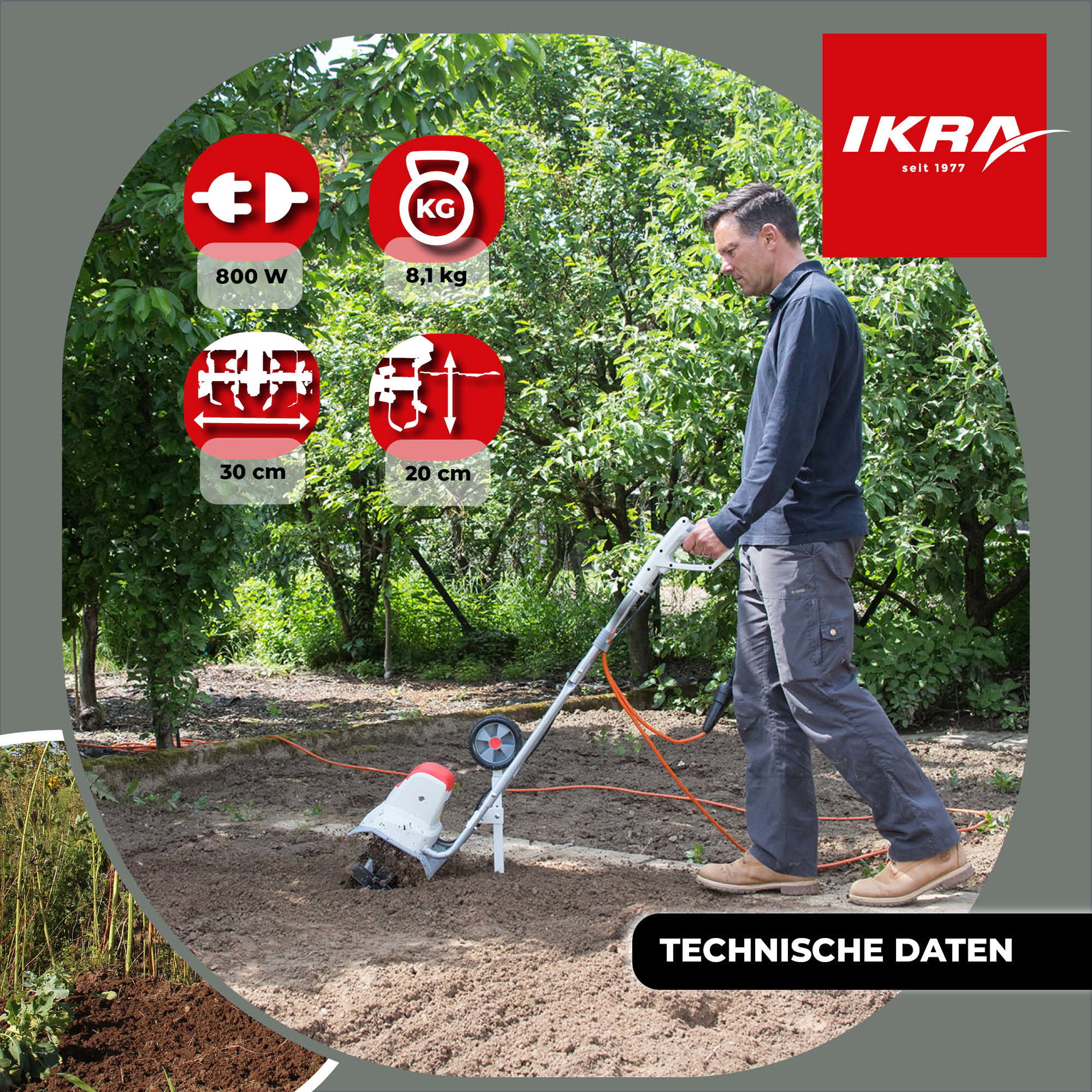 Elektro Bodenhacke Kultivator IEM 800 S mit Handgrubber