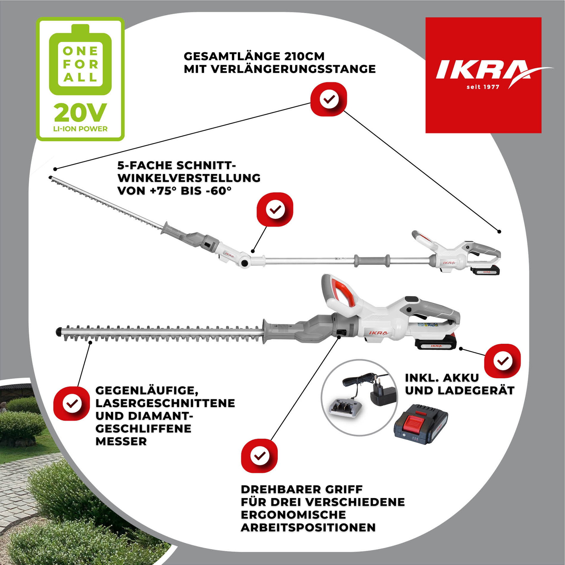 Akku Teleskop Heckenschere ICPH 2050 inkl. Akku & Ladegerät & Schultergurt