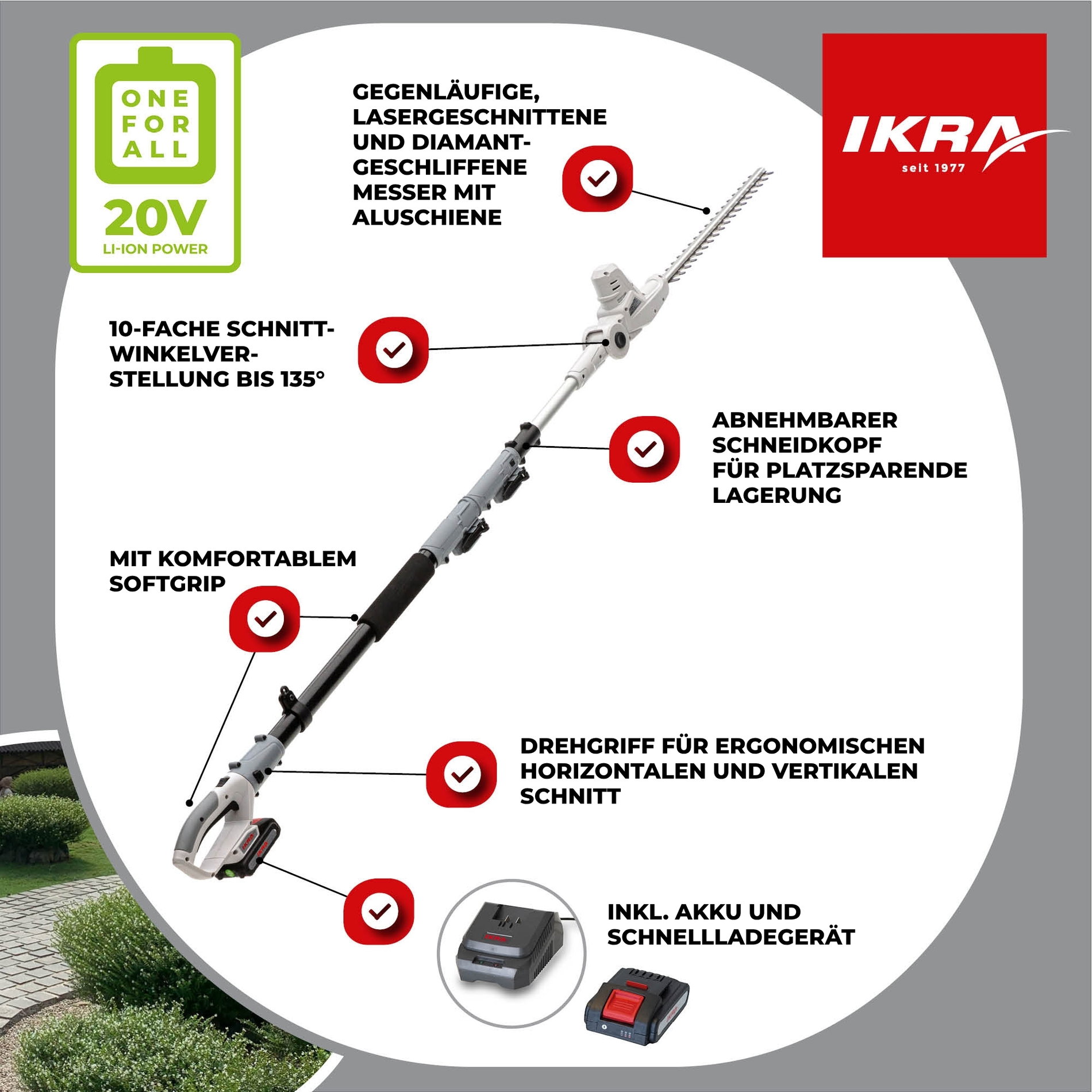Akku Teleskop Heckenschere ICPH 2040 ikra inkl. 2. Akku 2,5 Ah & 2. Ladegerät & Schultergurt