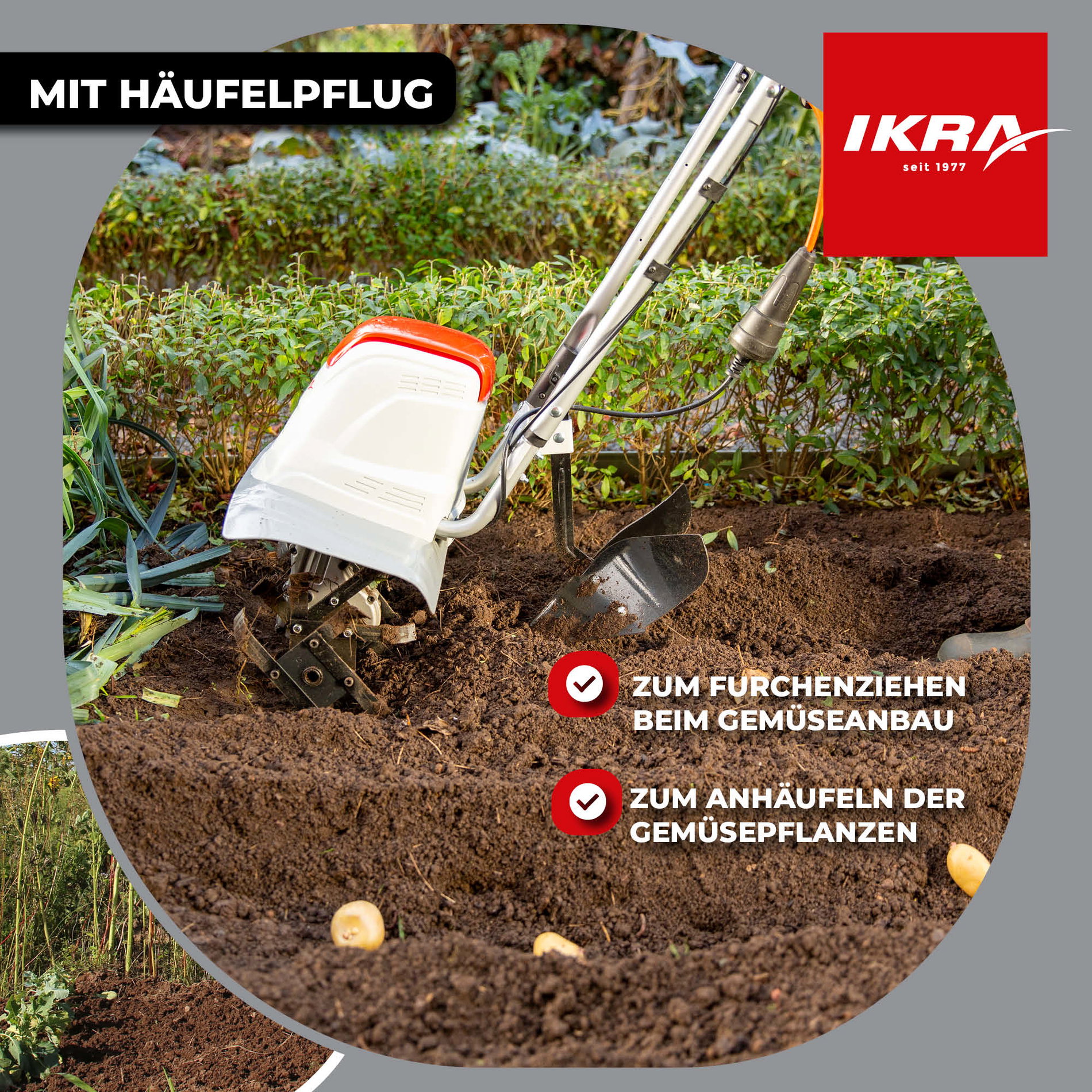 Elektro Bodenhacke Kultivator FEM 1500 mit Häufelpflug