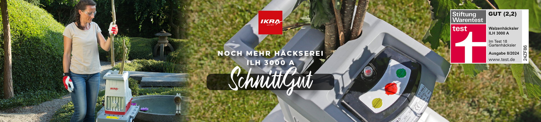 Banner zeigt den Häcksler in Betrieb mit einer Frau im Garten