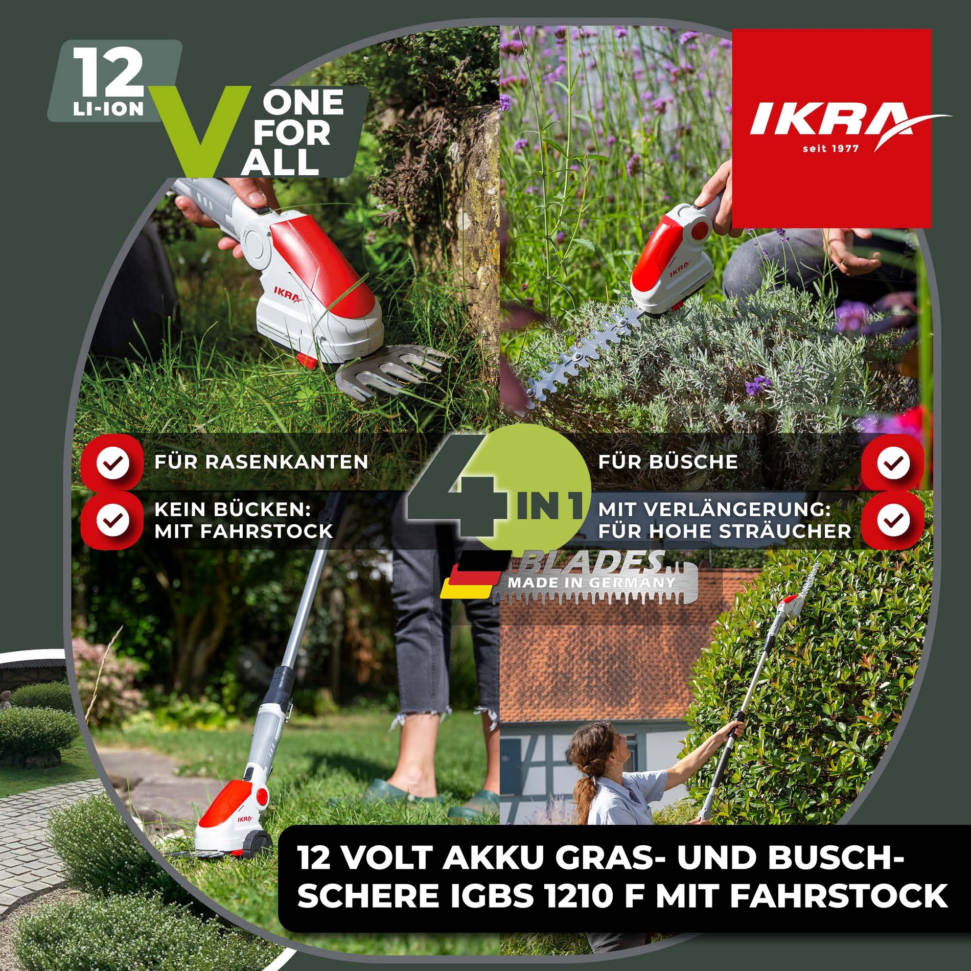 Akku 2in1 Gras & Strauchschere IGBS 1210 F inkl. Fahrstock