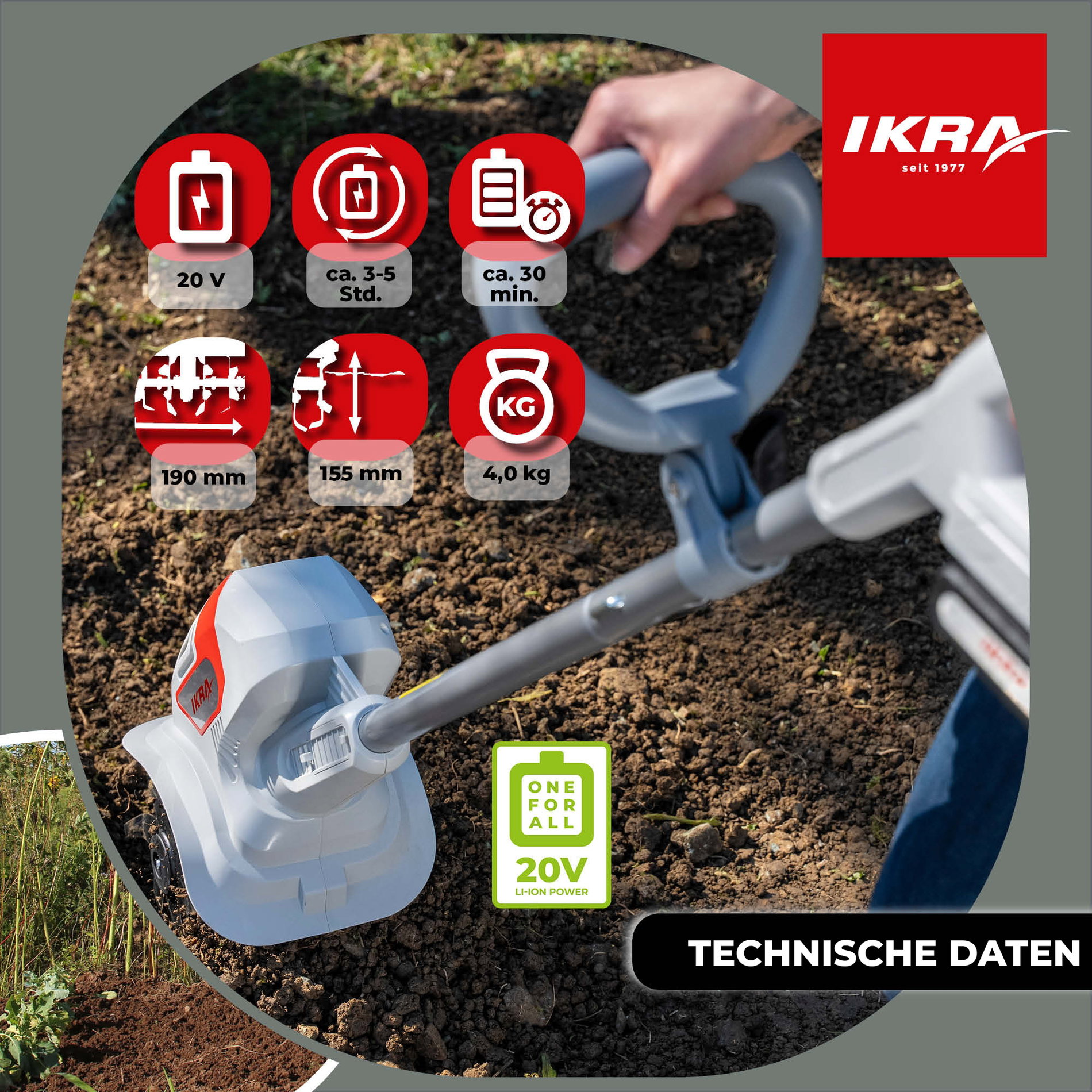 Akku Bodenhacke Kultivator IAMH 20 ikra Akku 20V 2Ah Standardladegerät