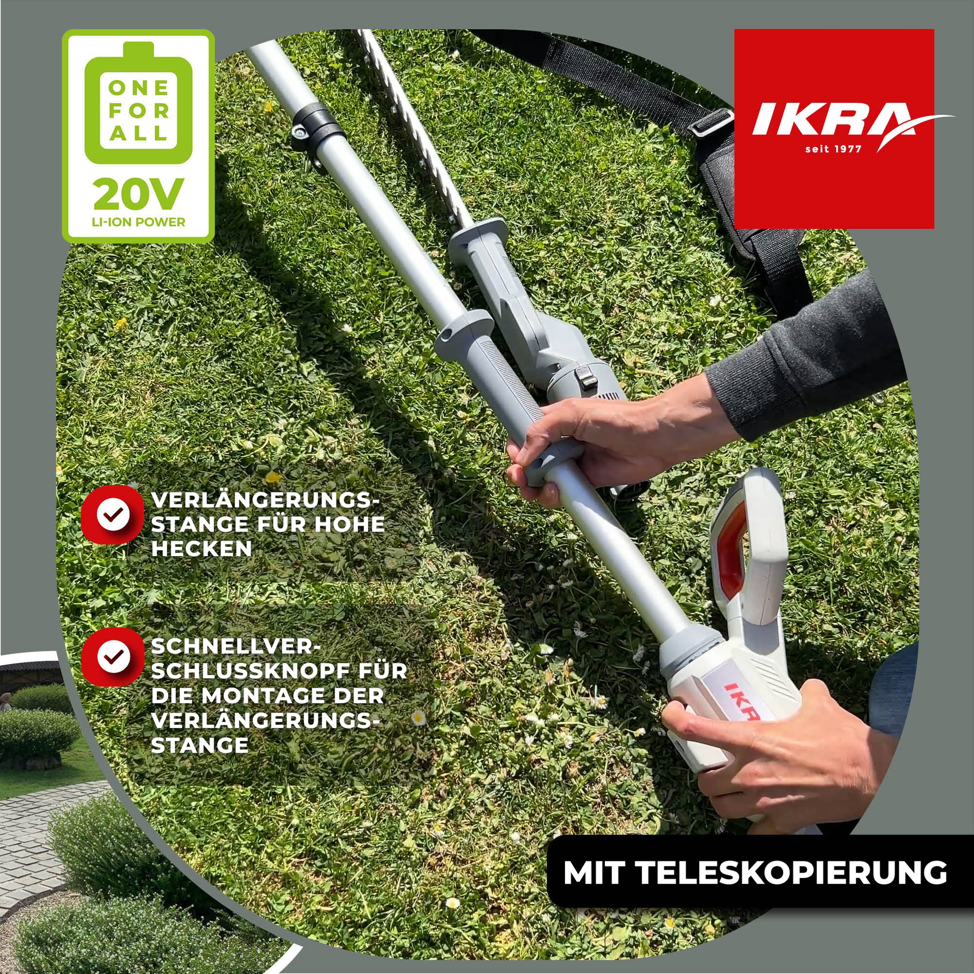 Akku Teleskop Heckenschere ICPH 2050 inkl. 2x Akku & Schnell-Ladegerät & Schultergurt