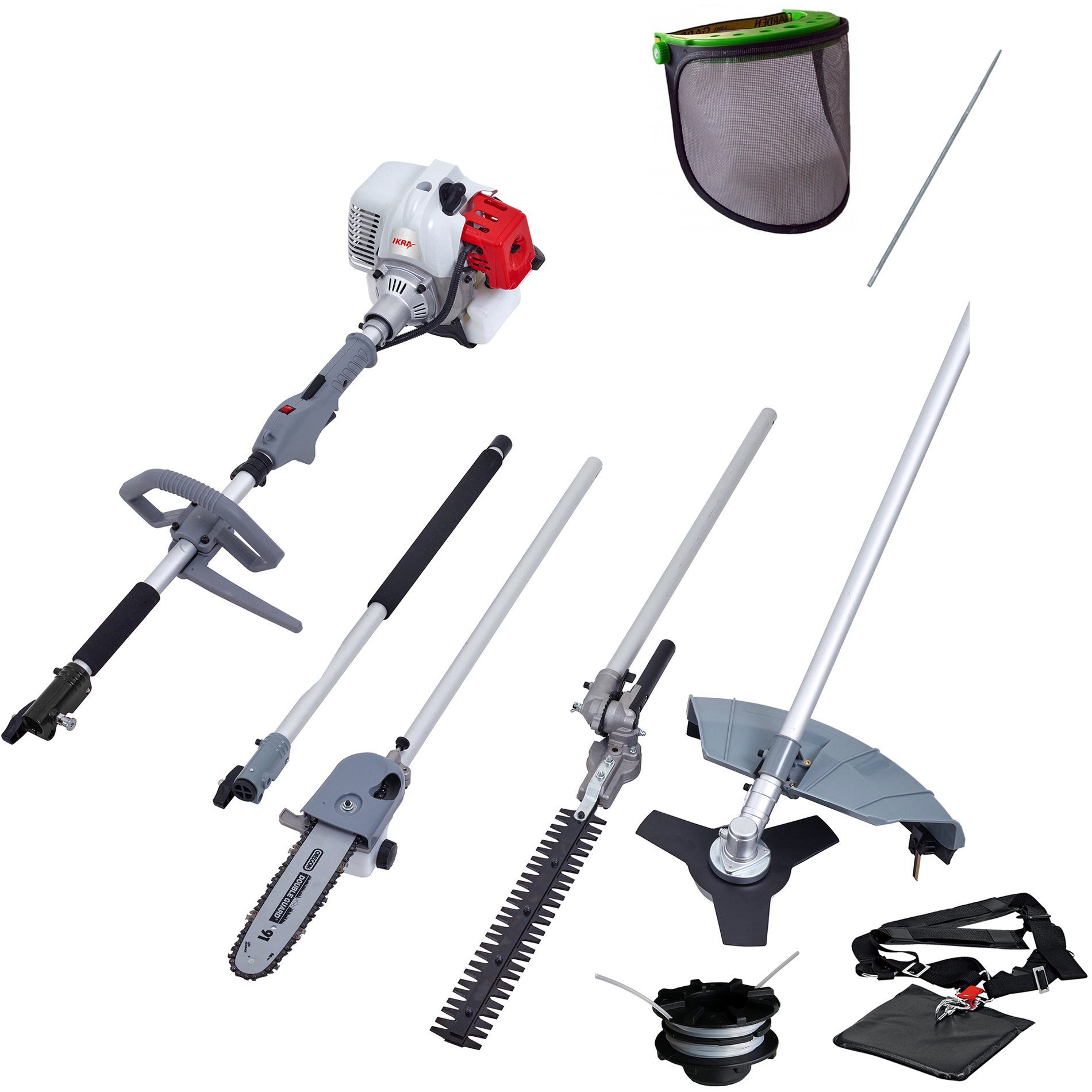 Benzin 4 in 1 Multitool IBKH 33 mit Kettenfeile & Schutzschild & Schultergurt