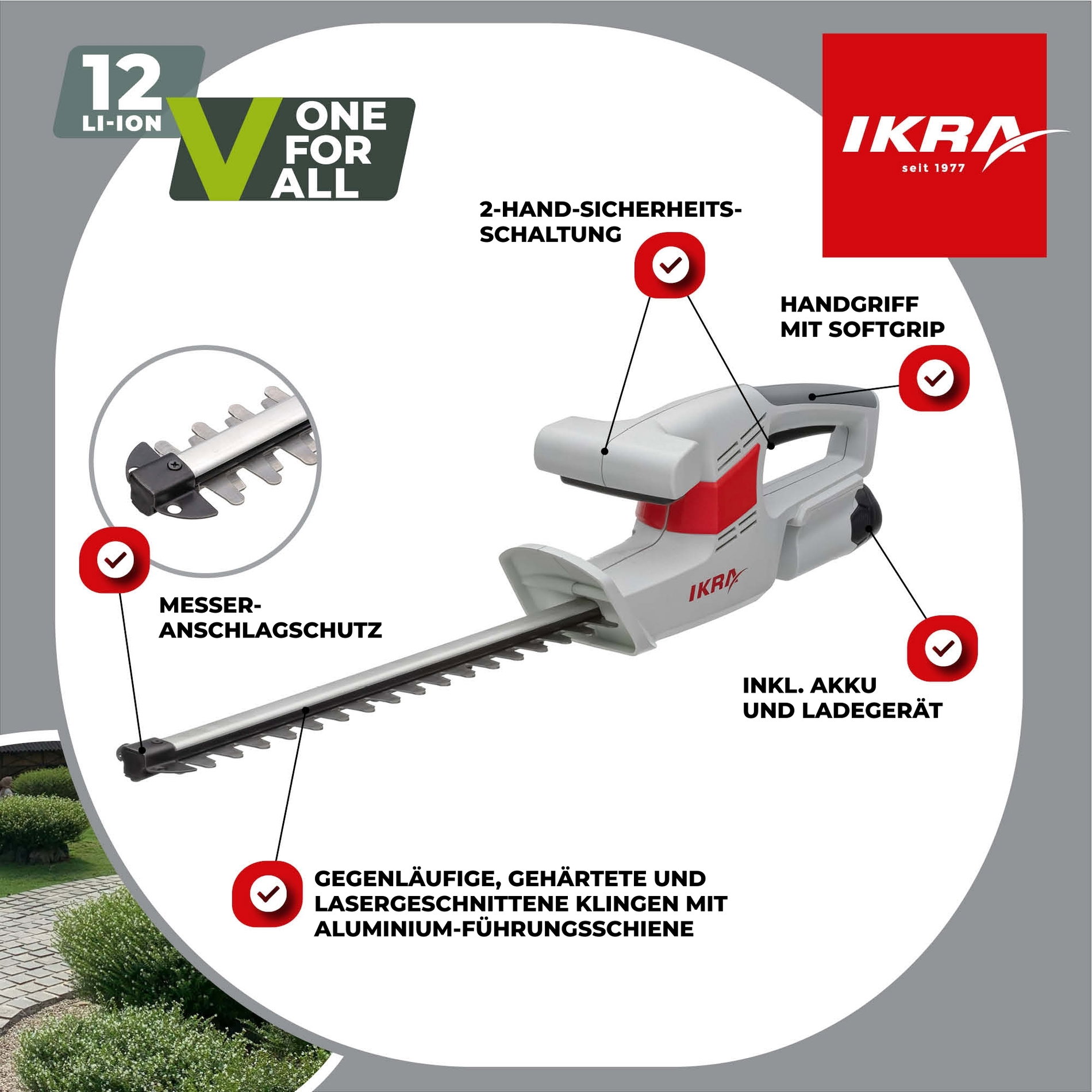 Akku Heckenschere IAHS 1240 12 Volt & Akku 2,5 Ah & Ladegerät & Messerschutz