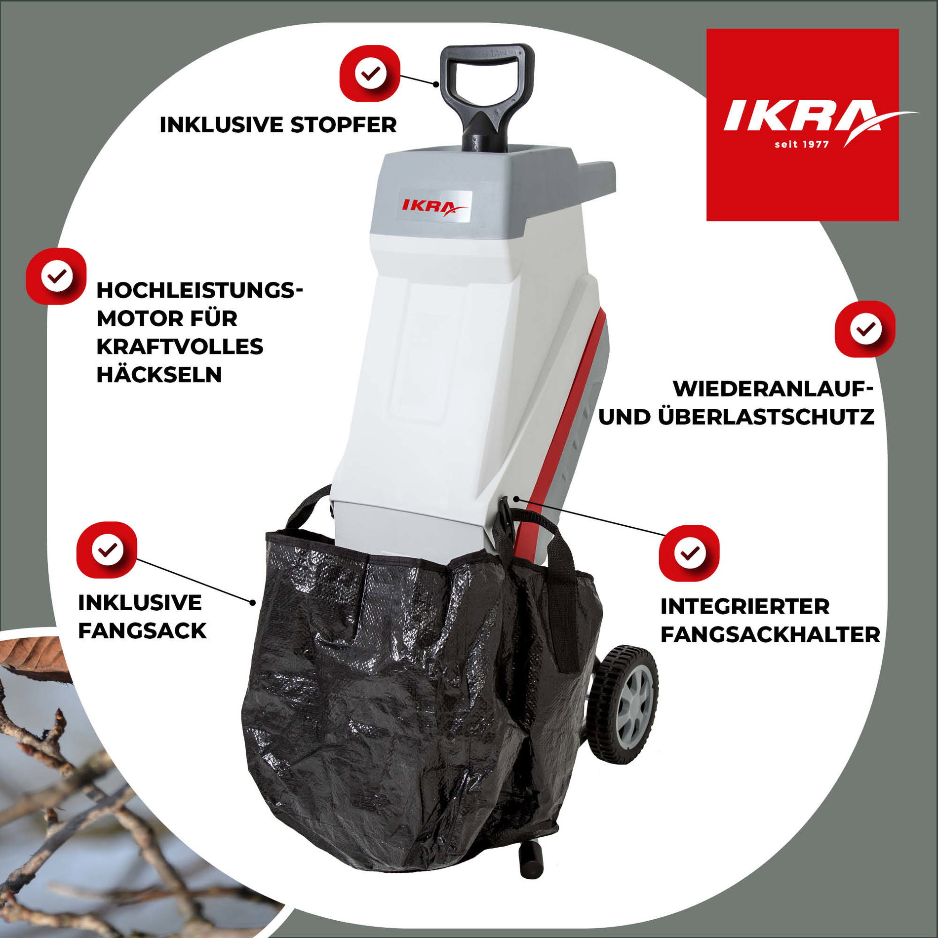 Elektro Gartenhäcksler Messerhäcksler IMH 2500 inkl. Stopfer & Sack mit Ersatzmesser & Schutzbrille
