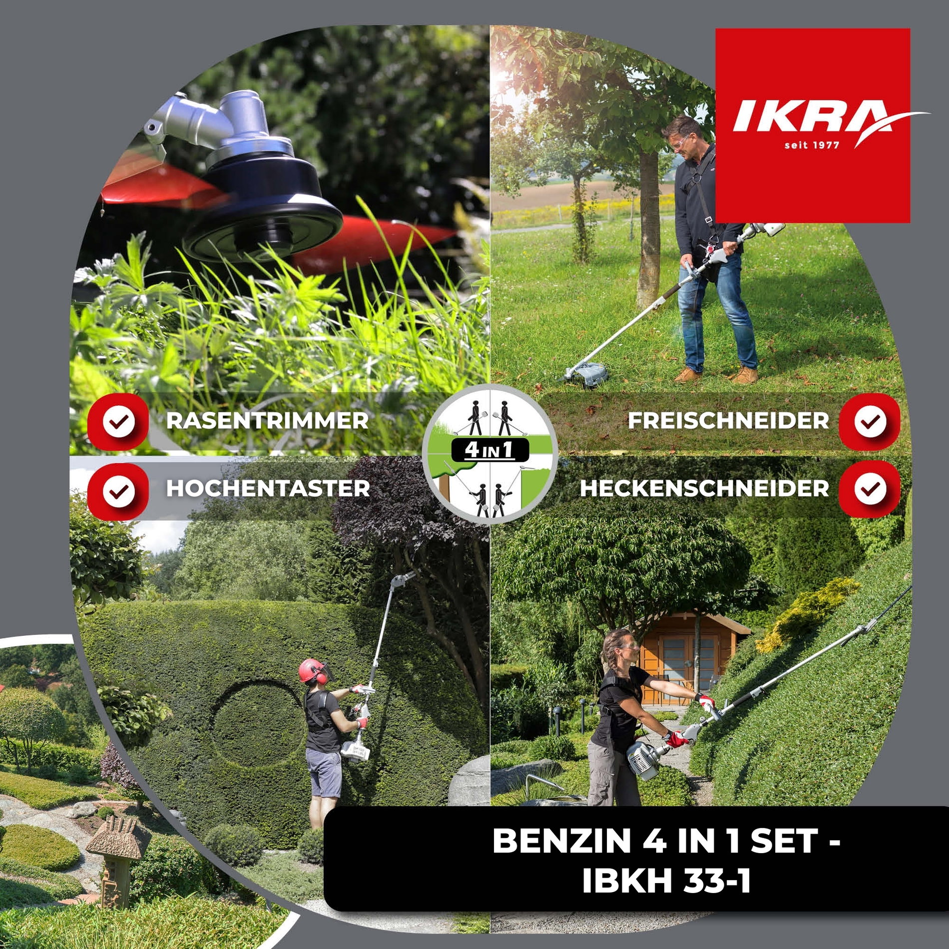 Benzin 4 in 1 Multitool IBKH 33 mit Kettenfeile & Schutzschild & Schultergurt