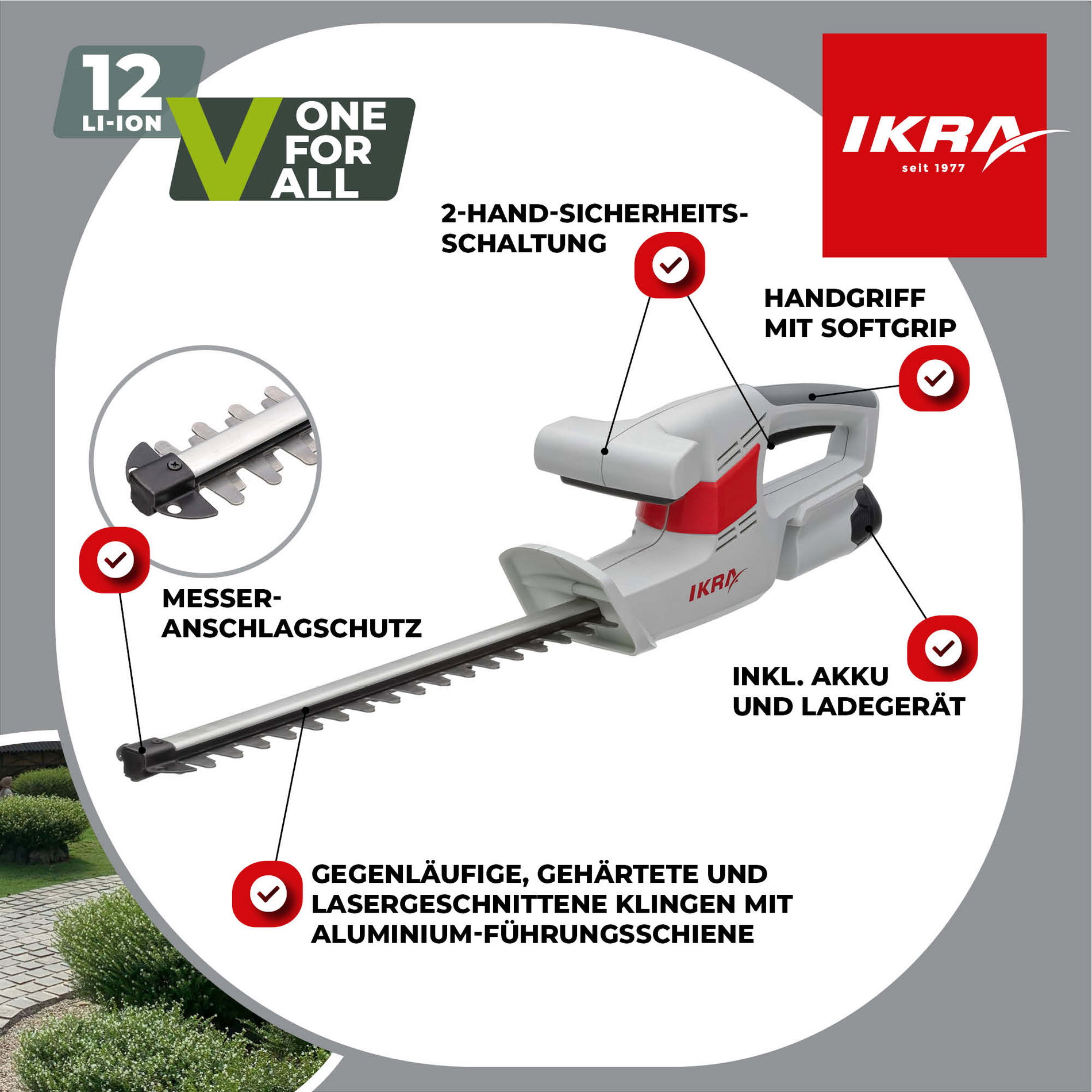 Akku Heckenschere IAHS 1240 12 Volt & Akku 2,5 Ah & Ladegerät & Messerschutz