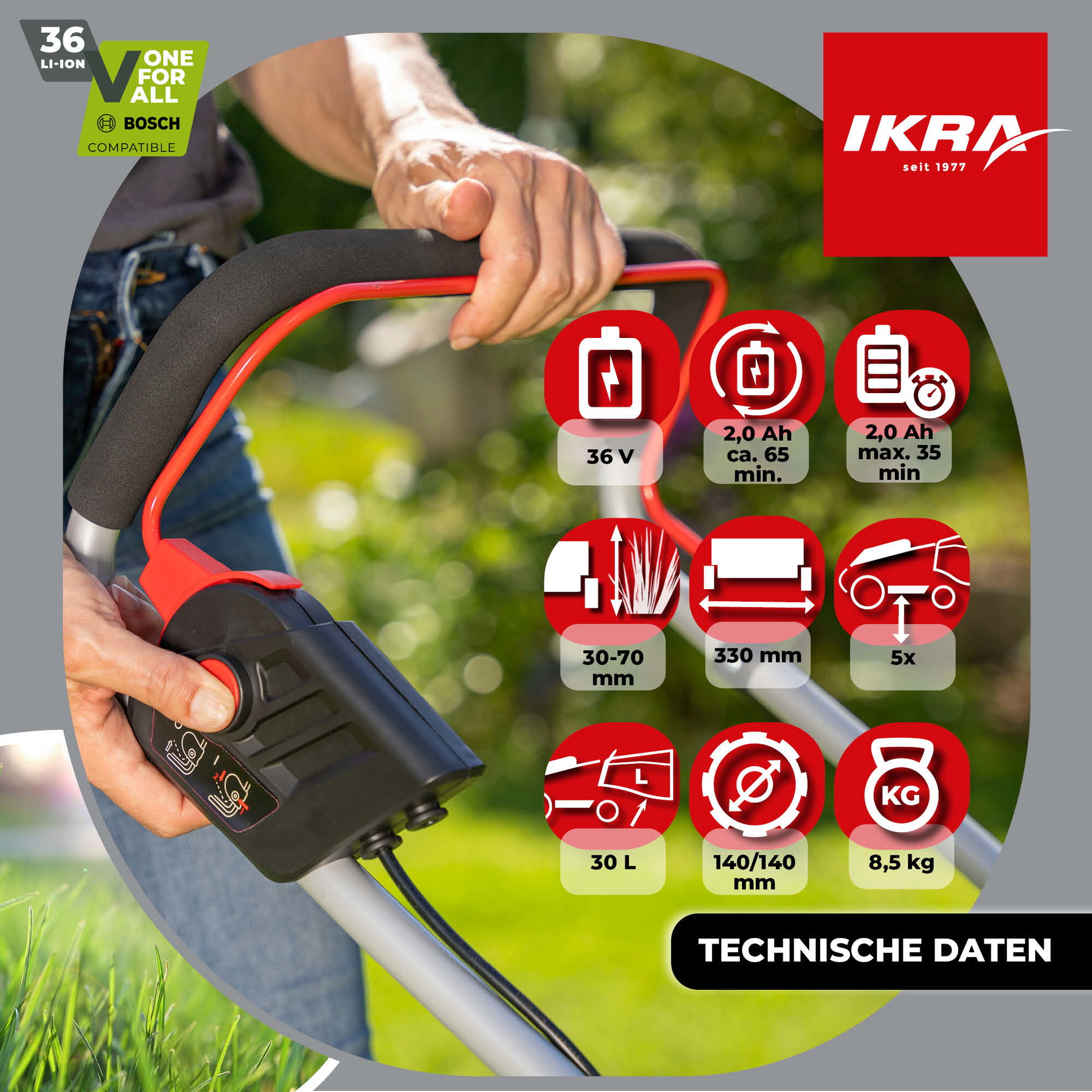 Akku Rasenmäher IB-LM 33 ikra Bosch mit 36V 2Ah Akku & Standardlader