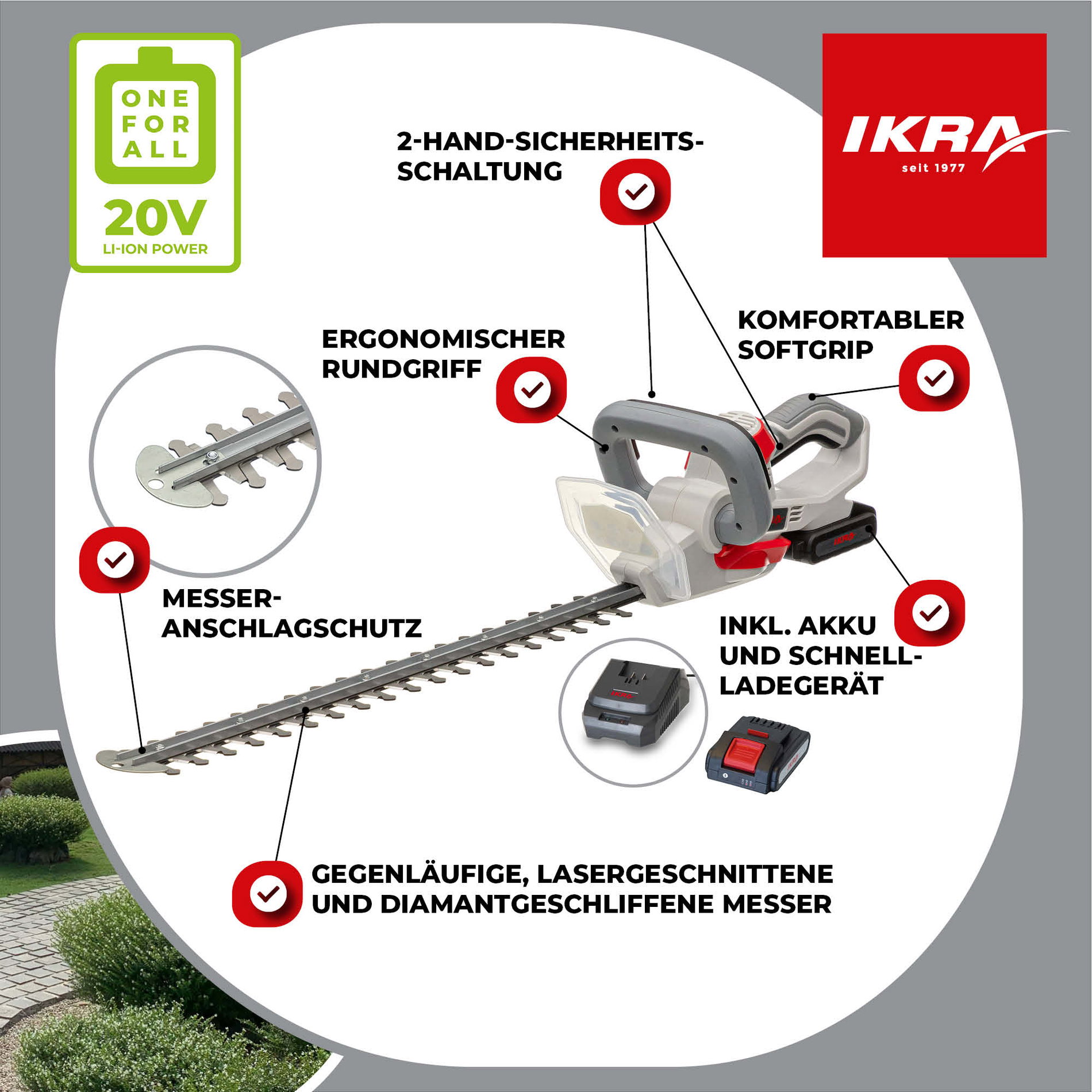 Akku Heckenschere IAHS 20-1 ikra inkl. 2. Akku 2,5Ah & 2. Ladegerät